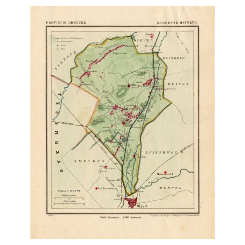 Antique Map of the Township of Havelte in The Netherlands, 1865 For Sale