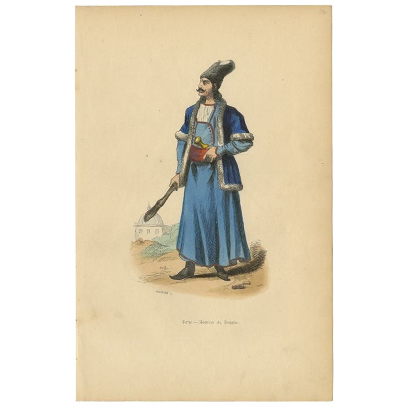 Antique Print of a Persian Man in Traditional Clothing and with a Dagger, 1843