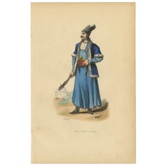 Antique Print of a Persian Man in Traditional Clothing and with a Dagger, 1843