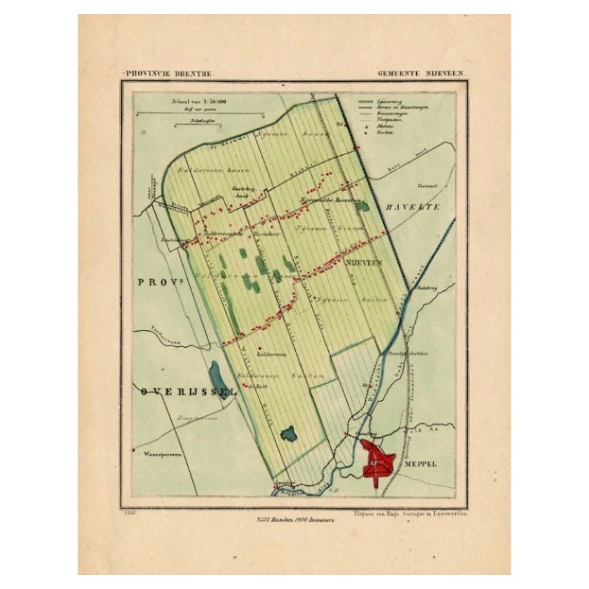 Antique Map of the Township of Nijeveen in The Netherlands, 1865 For Sale