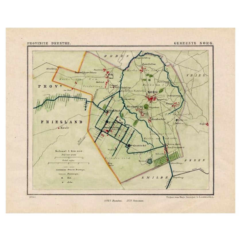 Antique Map of the Township of Norg in Drenthe, the Netherlands, 1865 For Sale