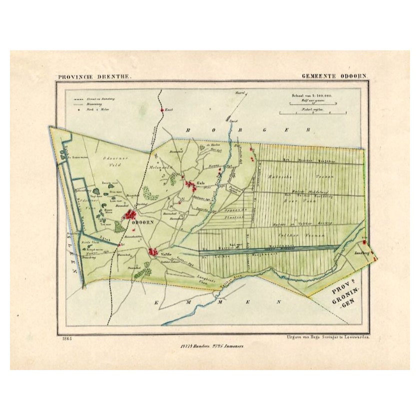 Antique Map of the Township of Odoorn in the Netherlands, 1865 For Sale