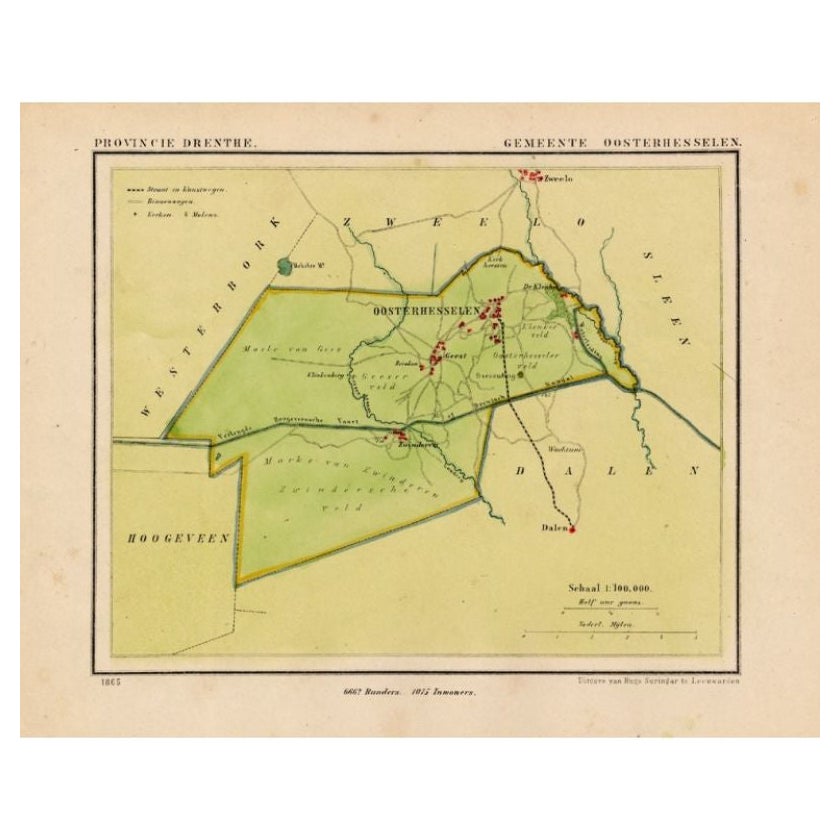 Antique Map of the Township of Oosterhesselen in the Netherlands, 1865 For Sale