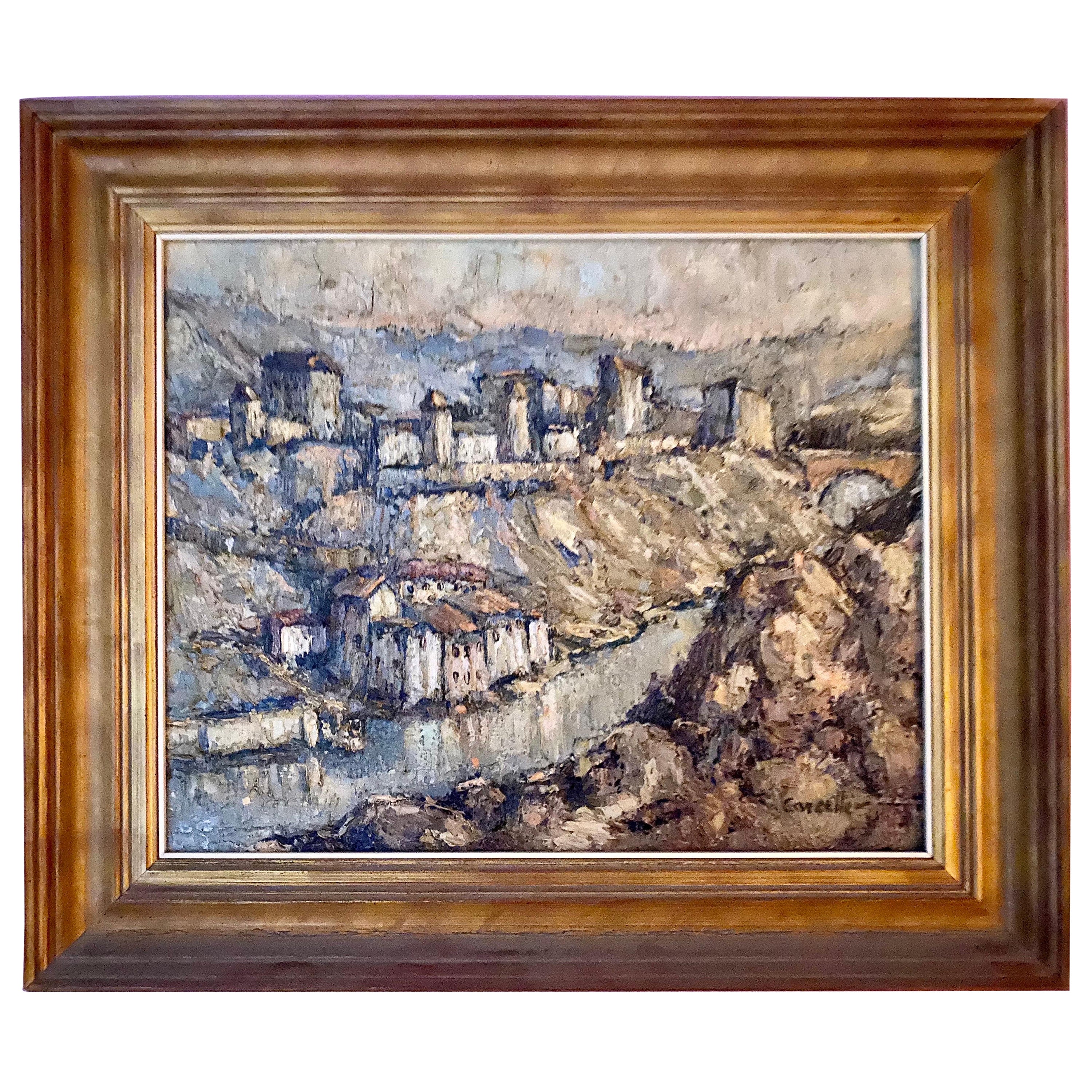 Post Impressionist Spanish Oil Painting Castle with Village, Spain, 1950 For Sale