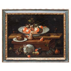 18th Century Still Life with Fruit and Rabbit Painting Oil on Canvas