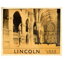 Original Used LNER Railway Poster Lincoln Cathedral Rose Window Train Travel