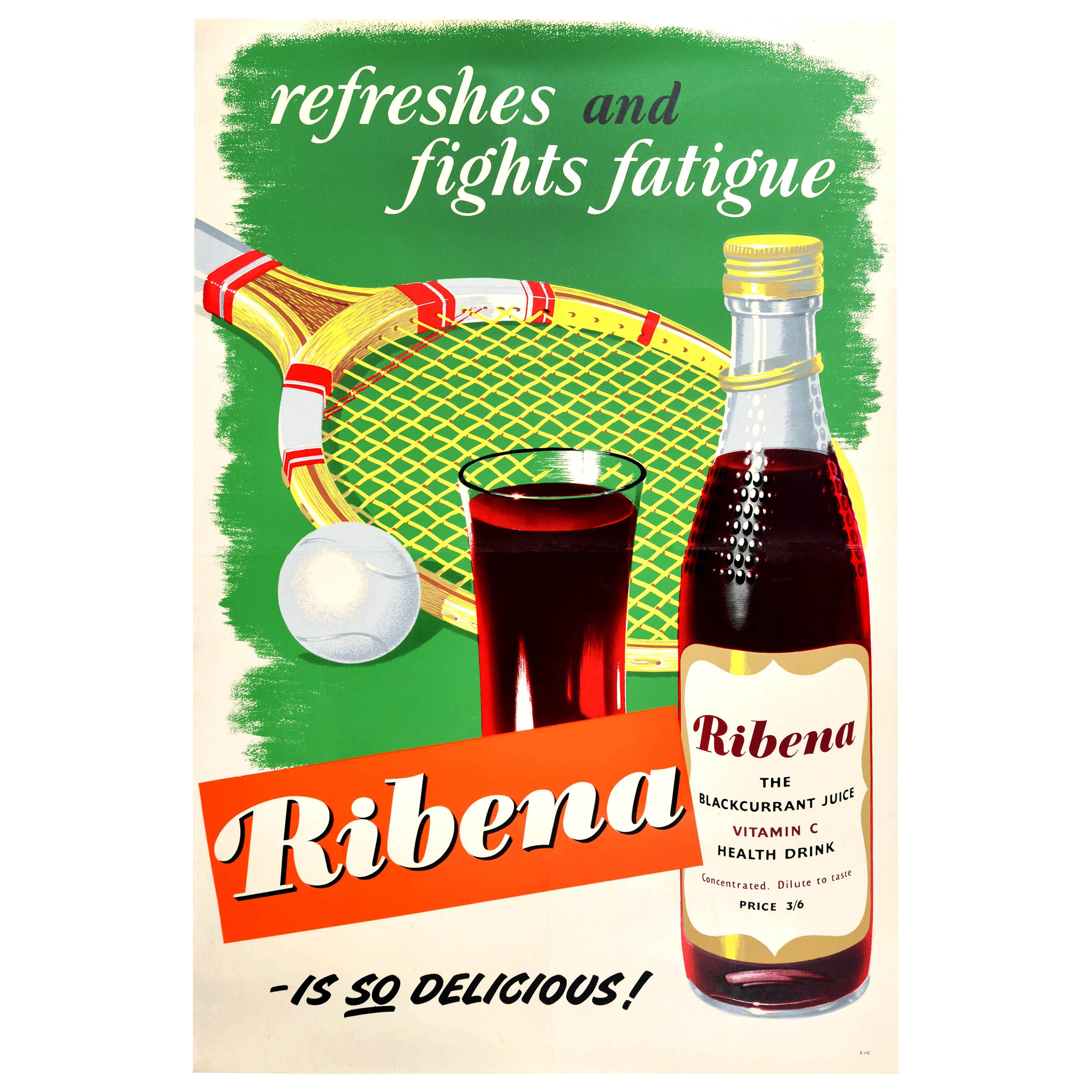 Affiche rétro originale pour la boisson pour Ribena Refreshes, Fights Fatigue, Tennis d'été en vente