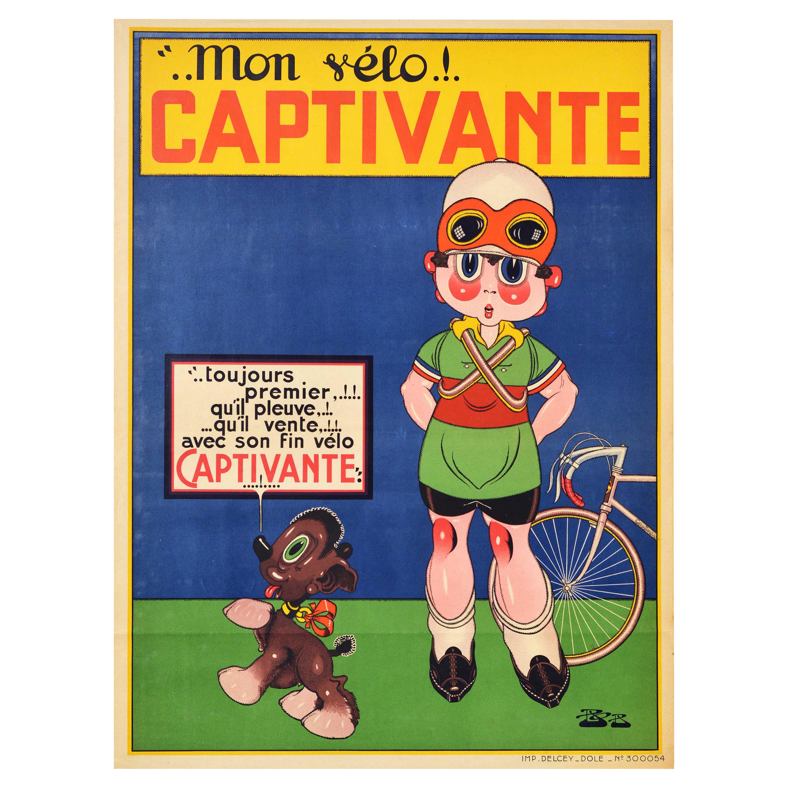 Affiche vintage d'origine Mon Velo Captivante, Publicité pour une bicyclette, Art, enfant et chien