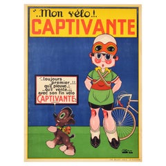 Original Antique Poster Mon Velo Captivante Bicycle Advertising Art Child & Dog
