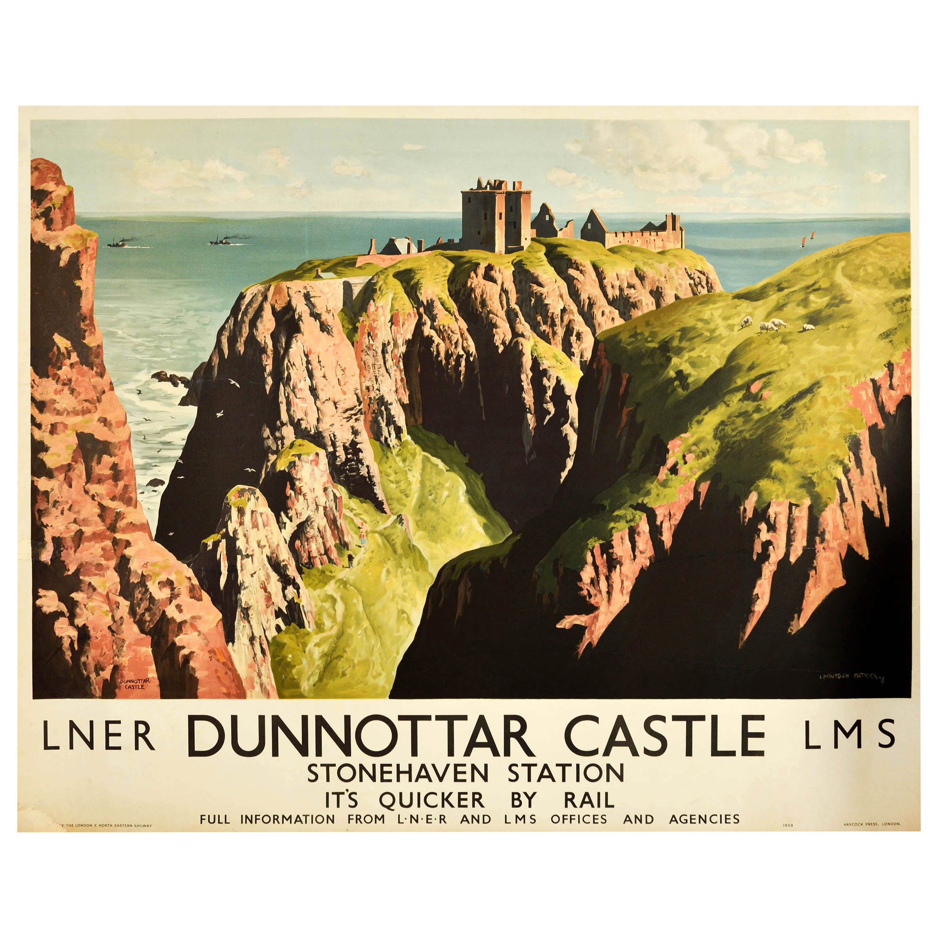 Original Vintage-Eisenbahnplakat Dunnottar Castle Schottland, LNER LMS Stonehaven