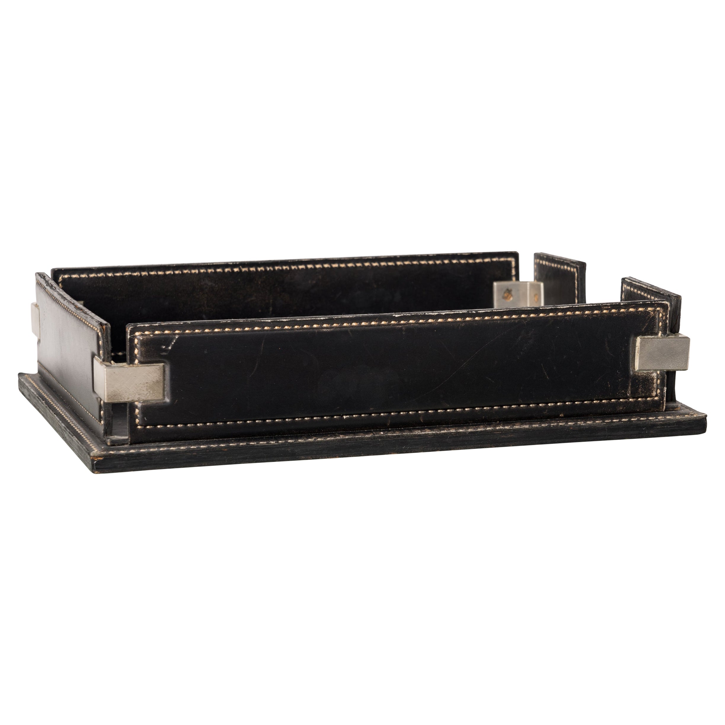 Black Leather & Stainless Steel Mail Rack - France 1970's For Sale