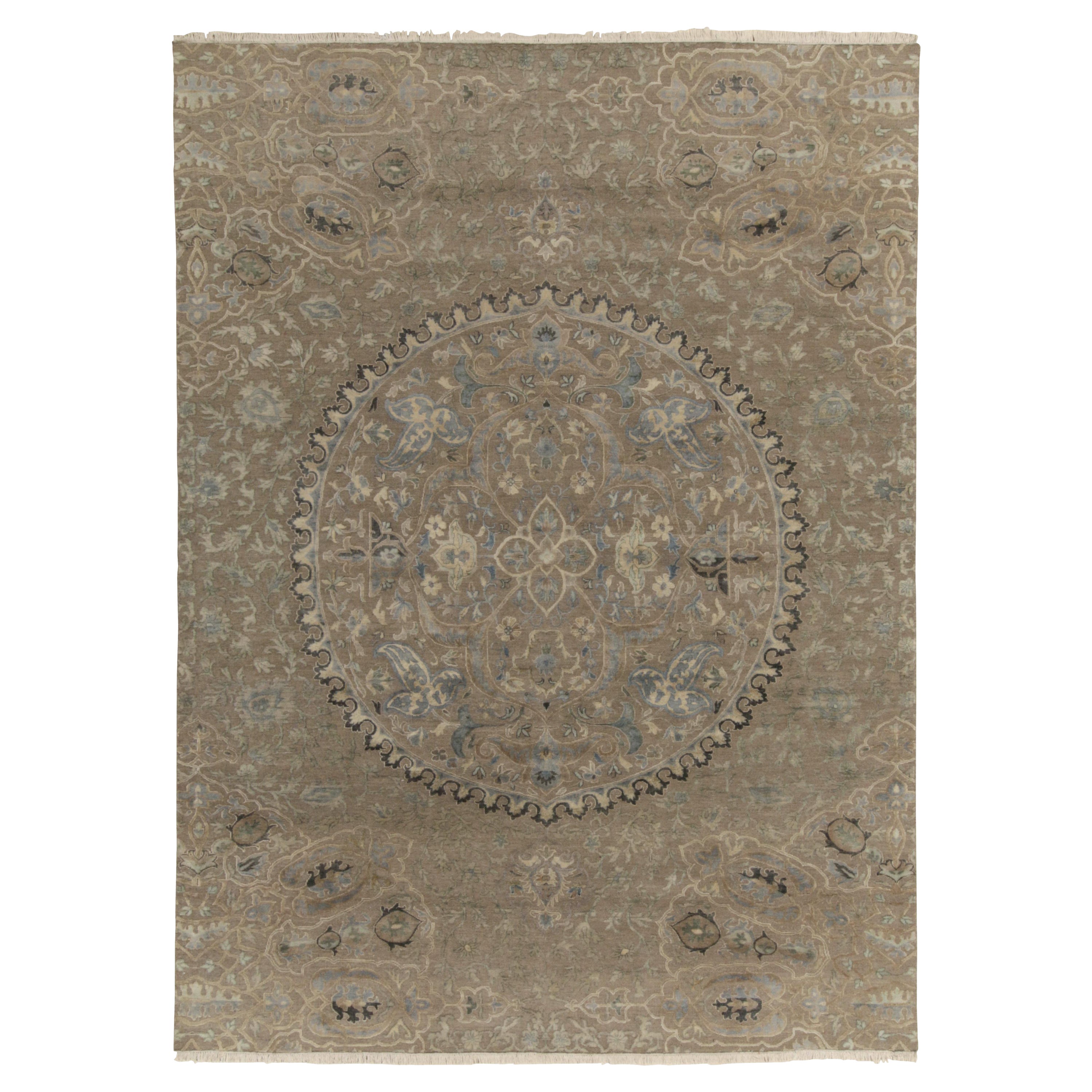 Rug & Kilim’s Classic style rug in Beige, Gray and Blue Medallion Floral Pattern For Sale