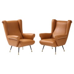 Pair of Italian 1950's Leather High Back Wing / Lounge Chairs