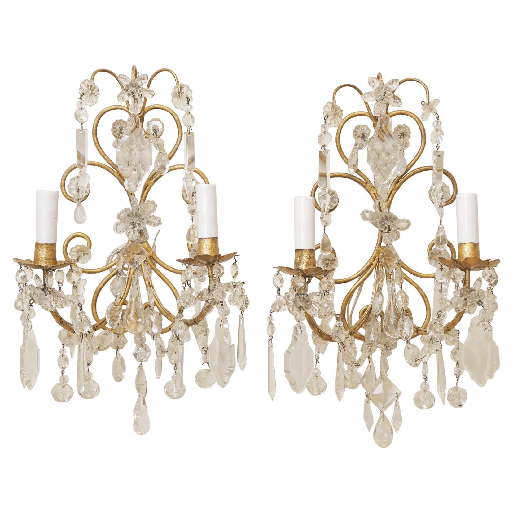 Pair of Italian Gilt Metal and Crystal Two-Light Sconces in the Style of Bagues For Sale
