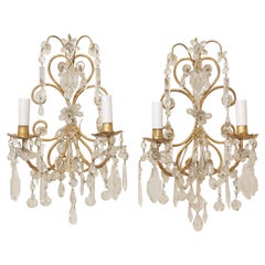 Pair of Italian Gilt Metal and Crystal Two-Light Sconces in the Style of Bagues
