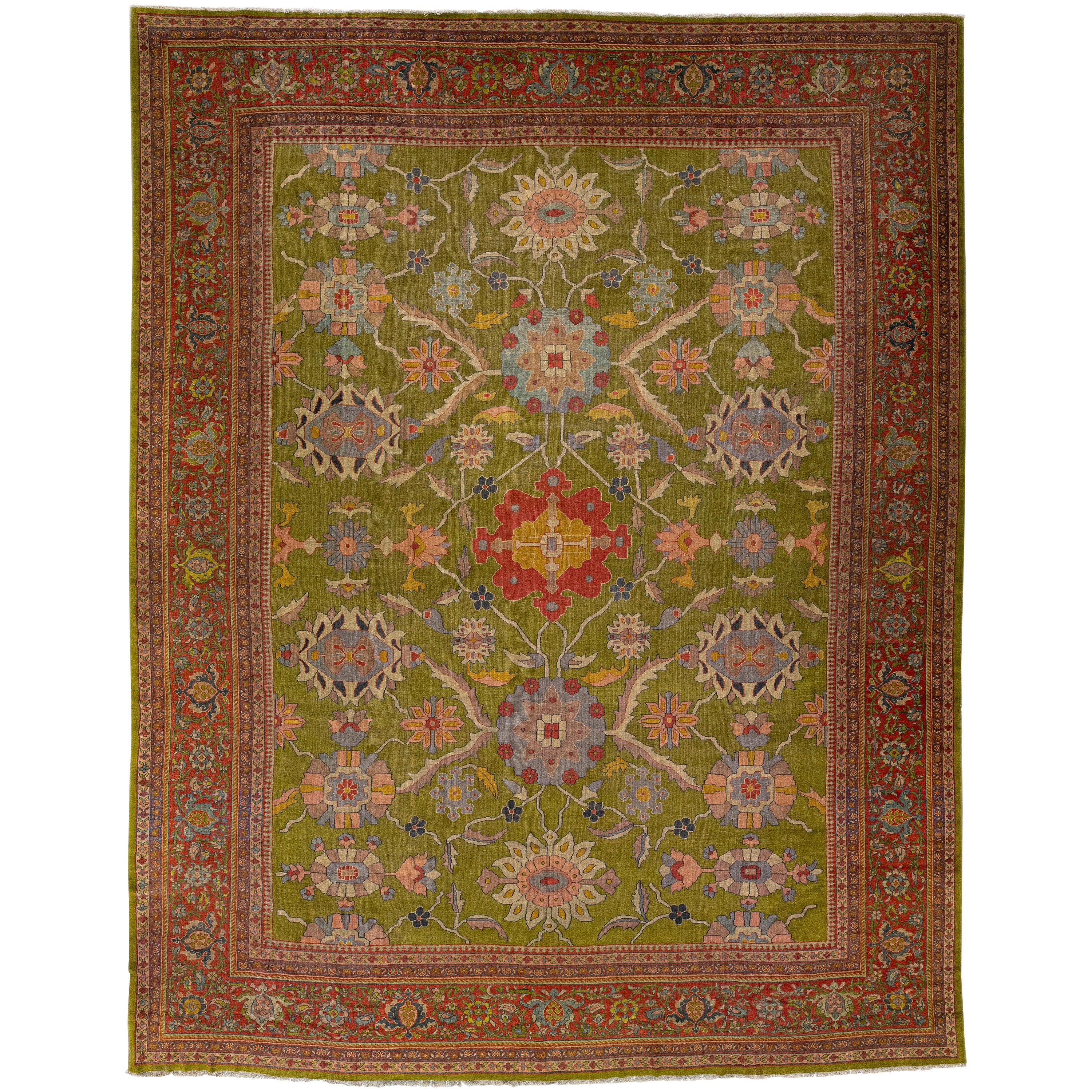 19th Century Antique Green Persian Mahal Handmade Floral Wool Rug