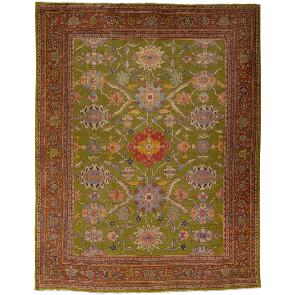 19th Century Antique Green Persian Mahal Handmade Floral Wool Rug For ...