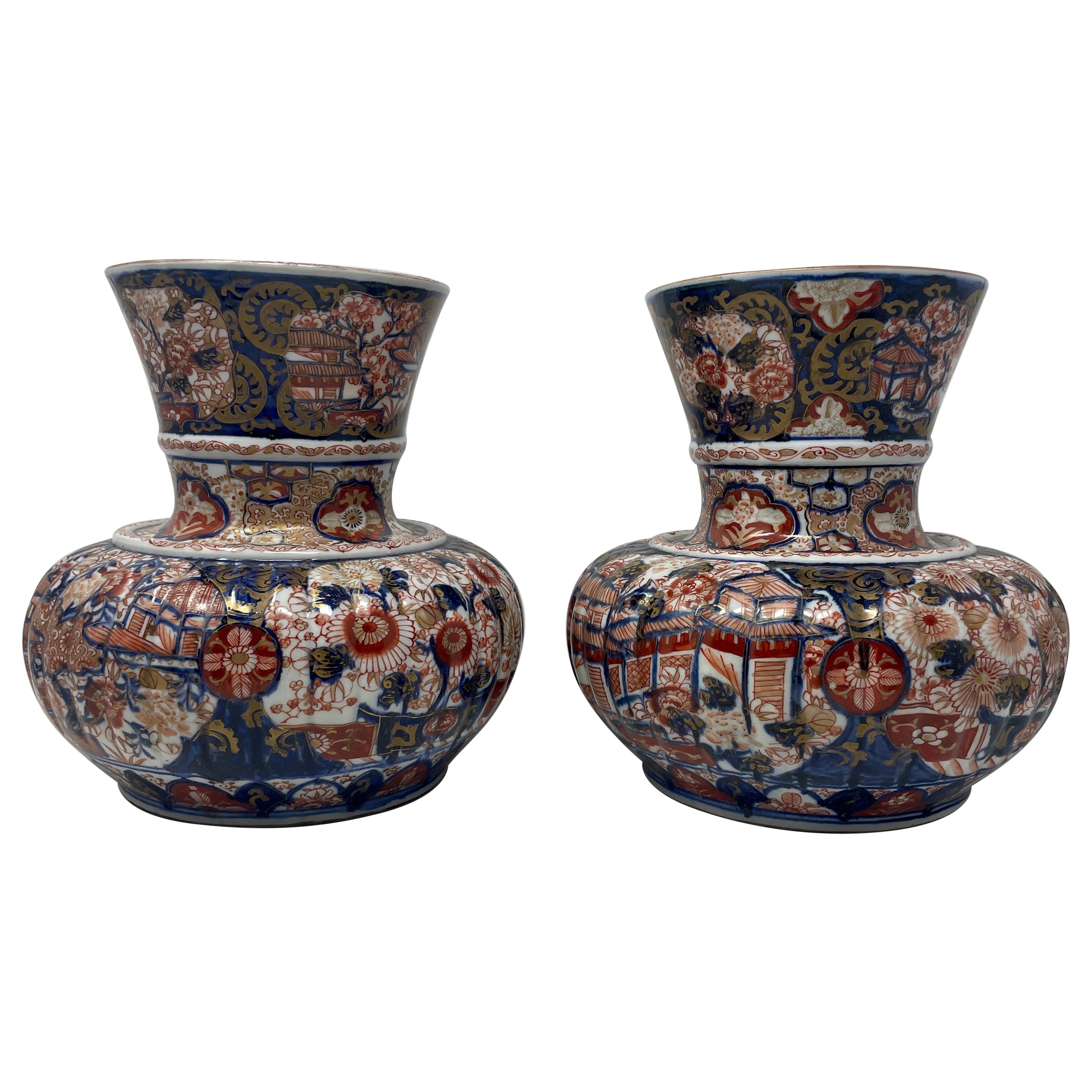 Pair Antique Imari Porcelain Fluted Design Vases, Circa 1880 For Sale