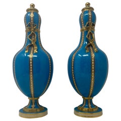 Pair Antique French Blue & Gold Jeweled Enamel and Porcelain Vases, circa 1890