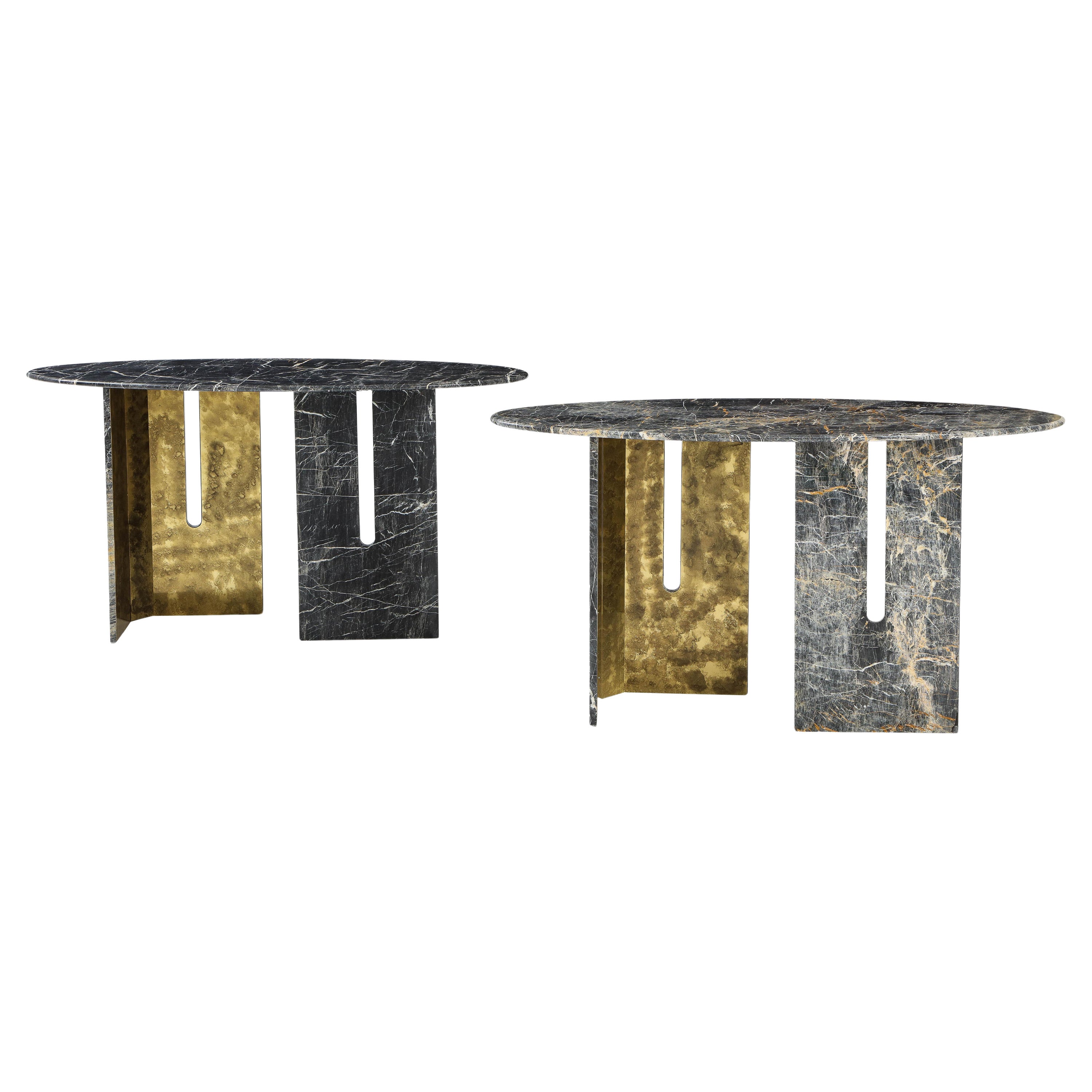 Pair Black and Grey St. Laurent Marble with Oxidized Brass Consoles, Italy, 2022