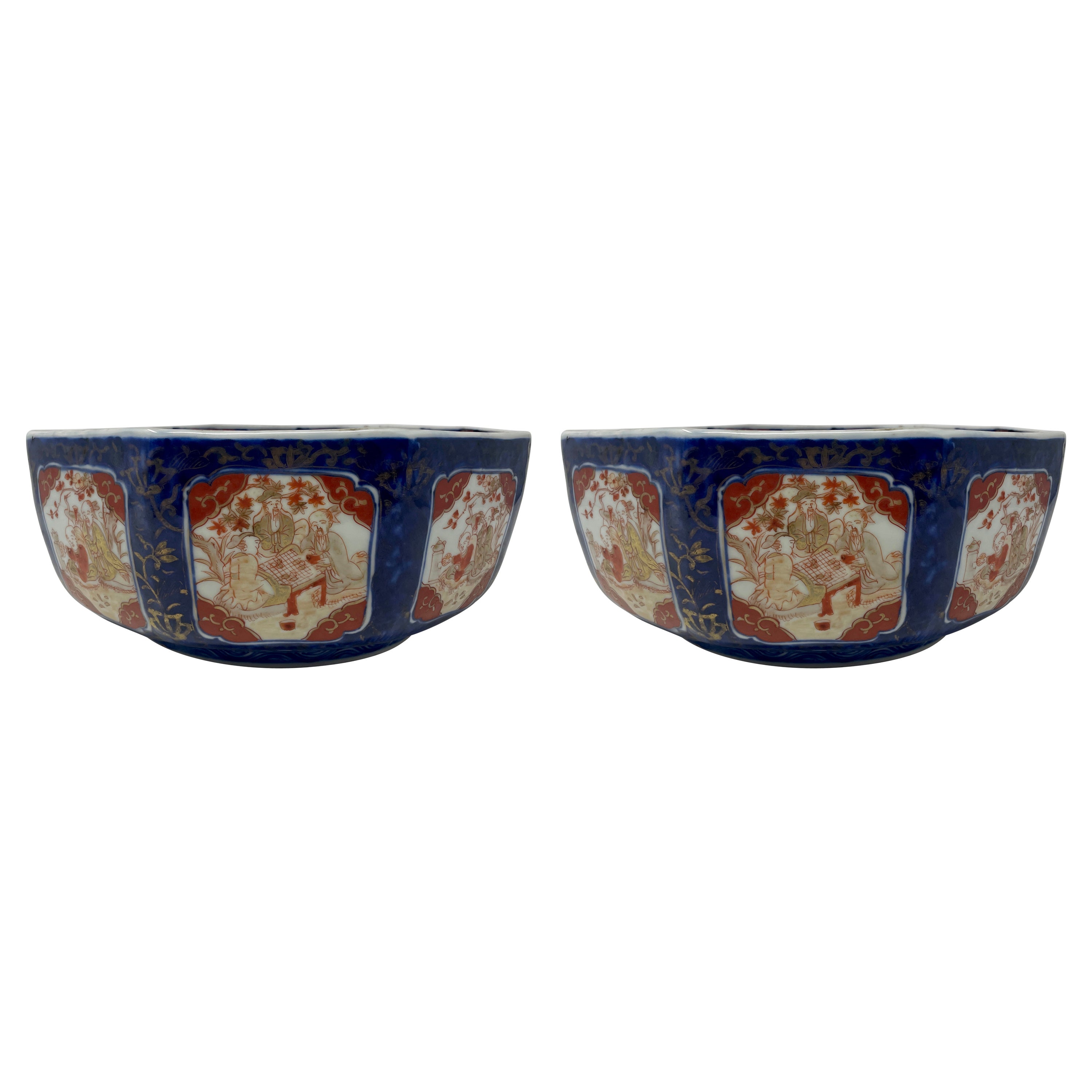 Pair Antique 19th Century Japanese Imari Porcelain Octagonal Bowls, Circa 1890