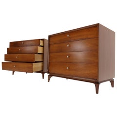 Pair of Mid-Century Modern Walnut 4 Drawer Bachelor Chests or Dressers