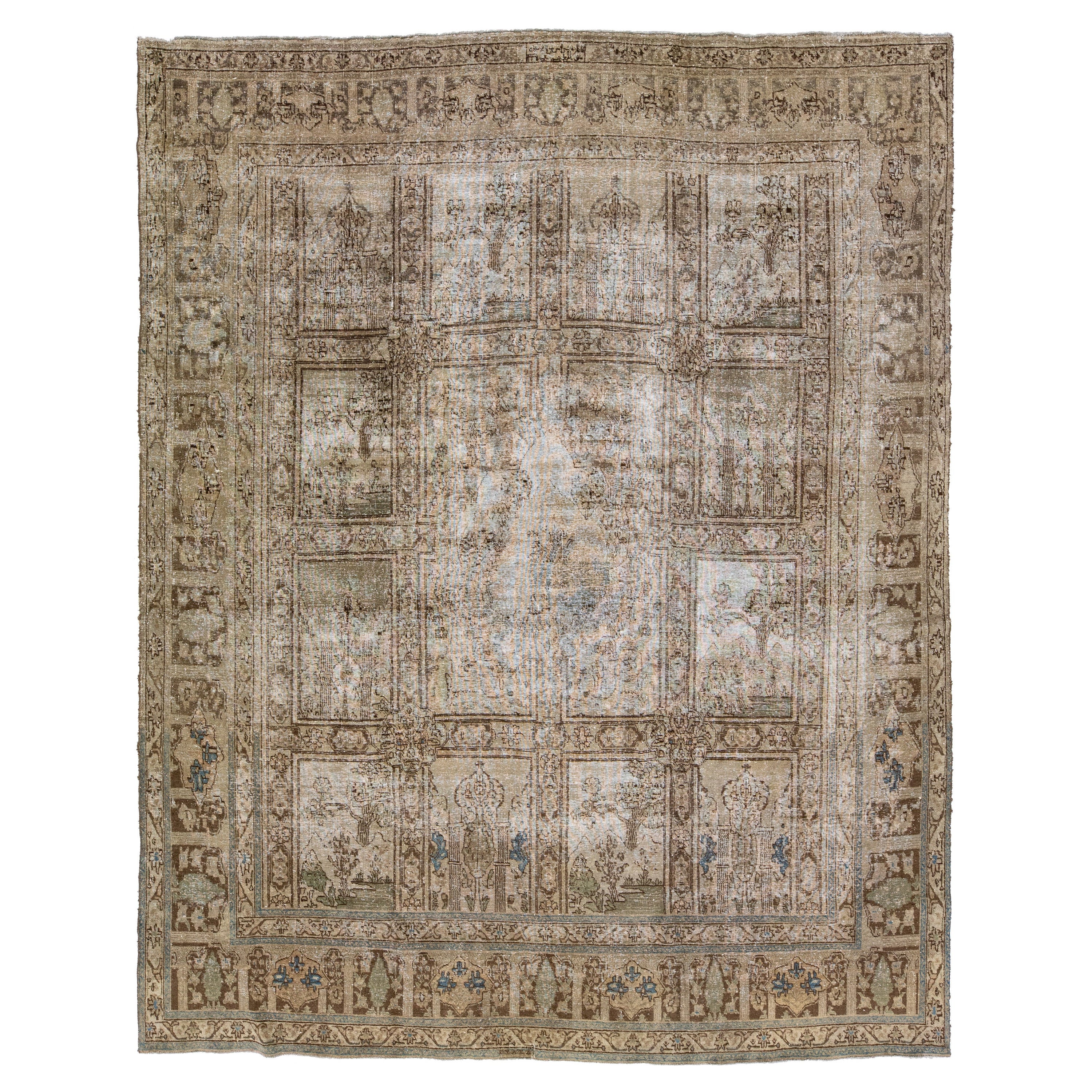 Antique Tabriz Handmade Floral Persian Brown Wool Rug For Sale