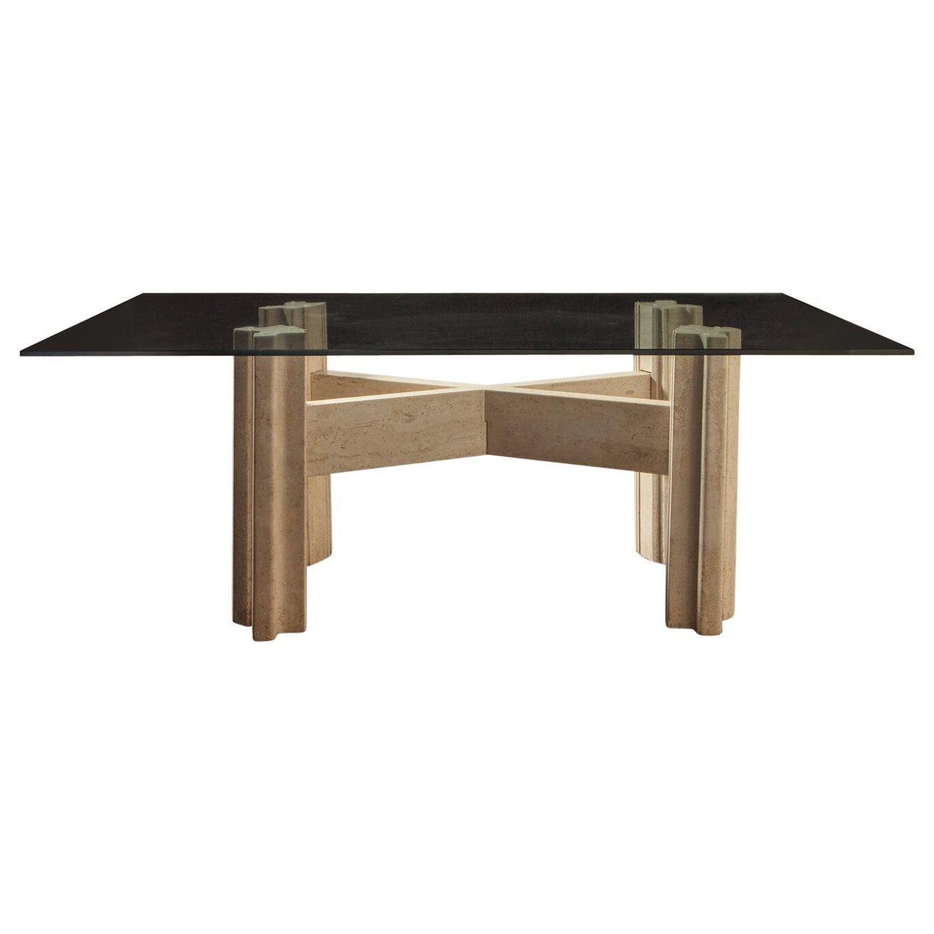 Large Travertine Dining Table With Glass Top