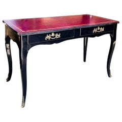 French Louis XV Black Lacquered Desk with Red Leather Top by Bodart