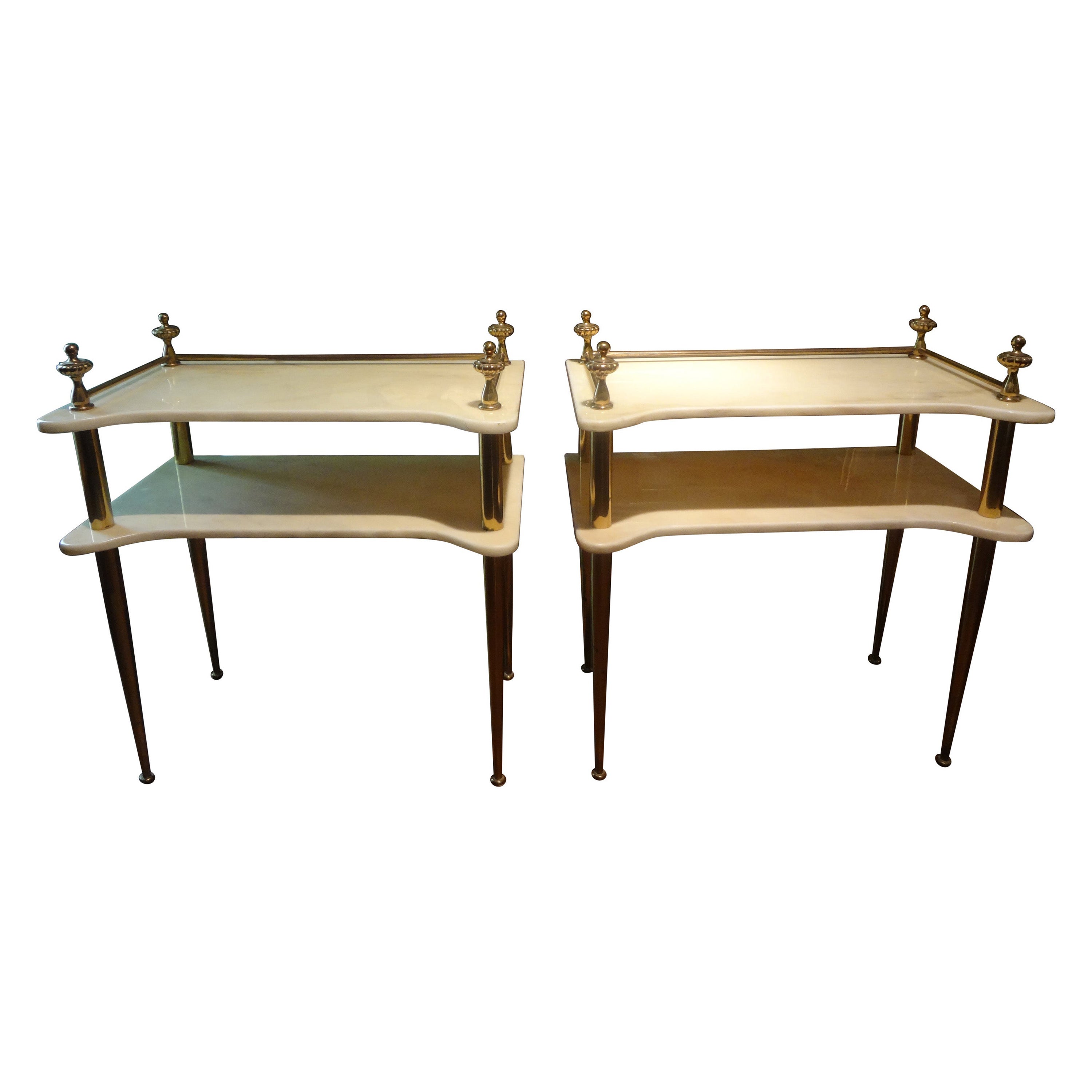 Pair of Vintage Pietra Dura Italian Marble and Brass Tables Geometric