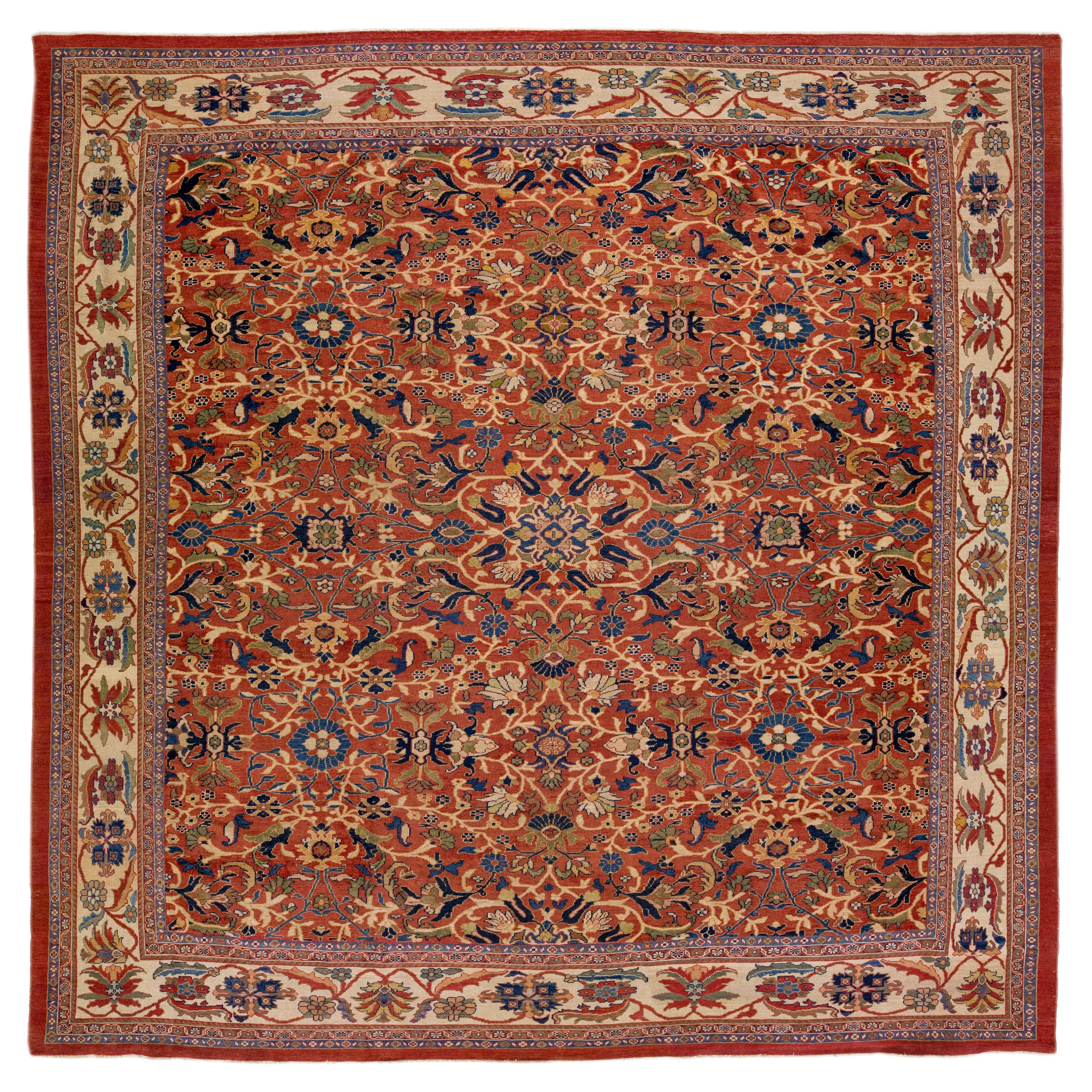  19th Century Antique Sultanabad Handmade Allover Floral Rust Square Wool Rug For Sale
