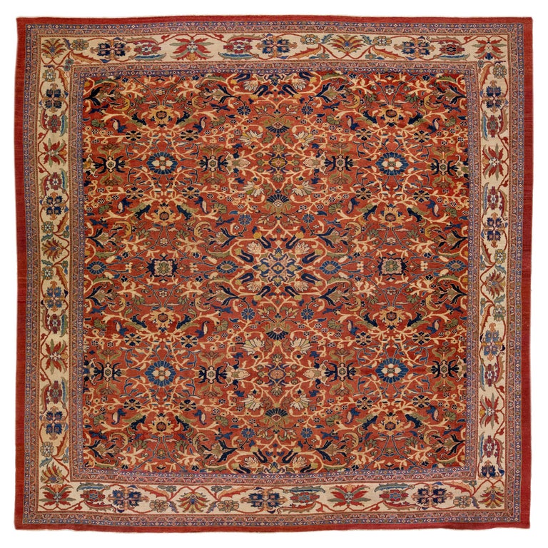  19th Century Antique Sultanabad Handmade Allover Floral Rust Square Wool Rug For Sale