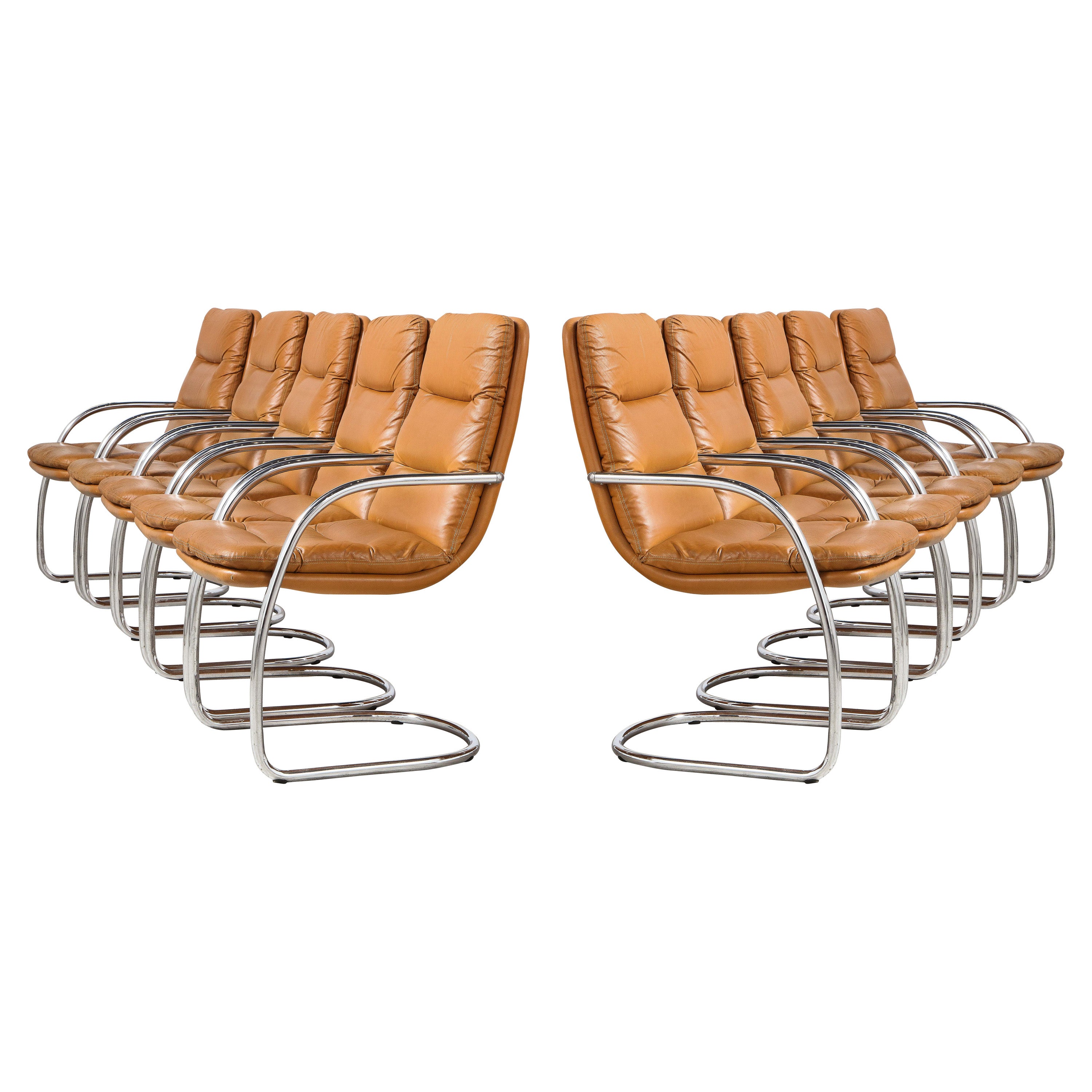 Set of Ten Italian Leather and Chrome Armchairs