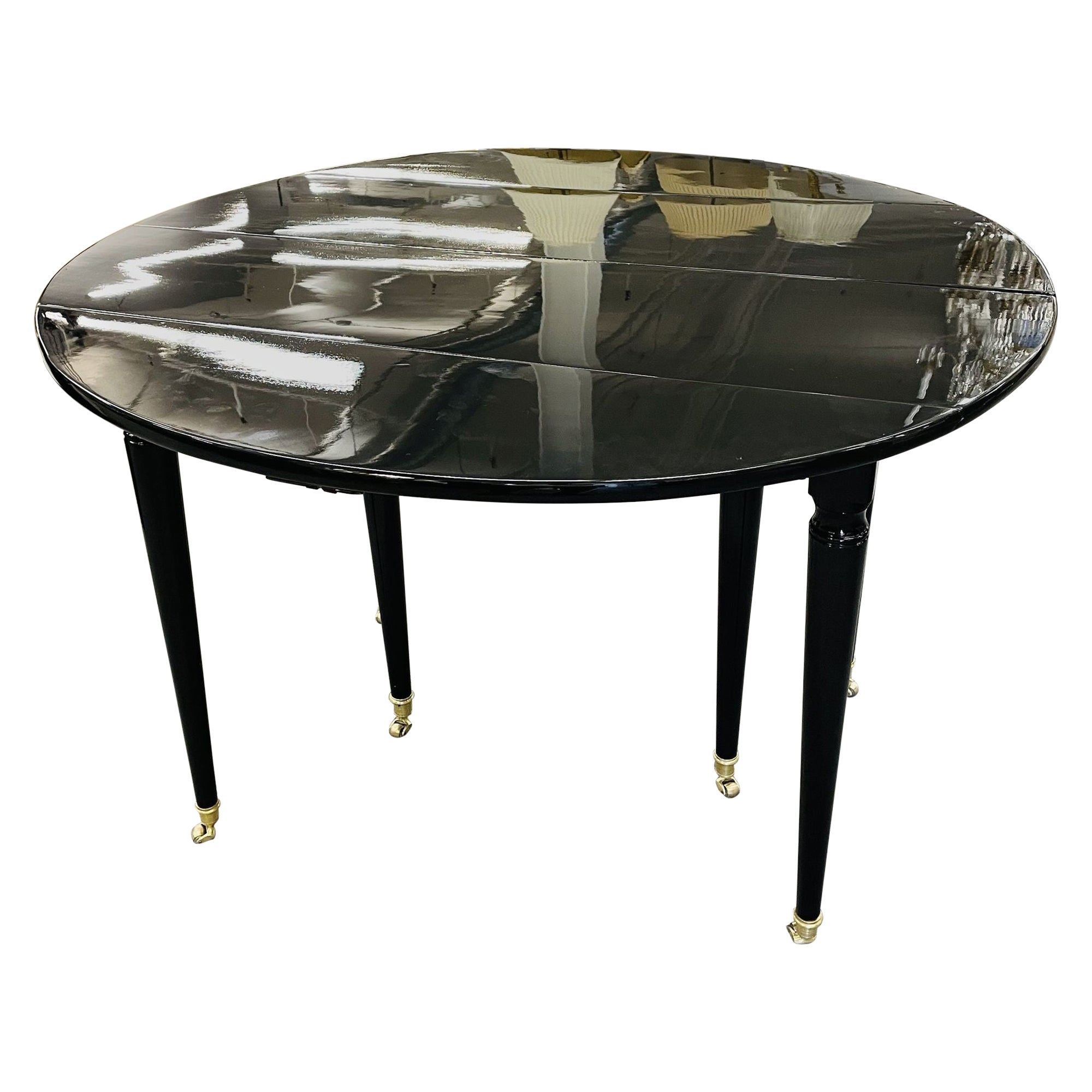 Black Lacquered Circular Dining Table, Three Leaves, Drop Side, Maison Jansen