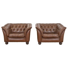 Vintage Danish Modern Chesterfield Tufted Brown Leather Lounge Chairs by Wiels Møbler