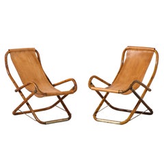 Gianfranco Frattini Italian Bamboo, Leather and Brass Campaign Chairs, ca 1960
