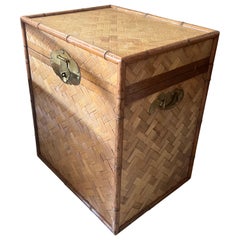 Retro Mid-Century Modern Faux Bamboo Rattan Trunk with Brass Accents