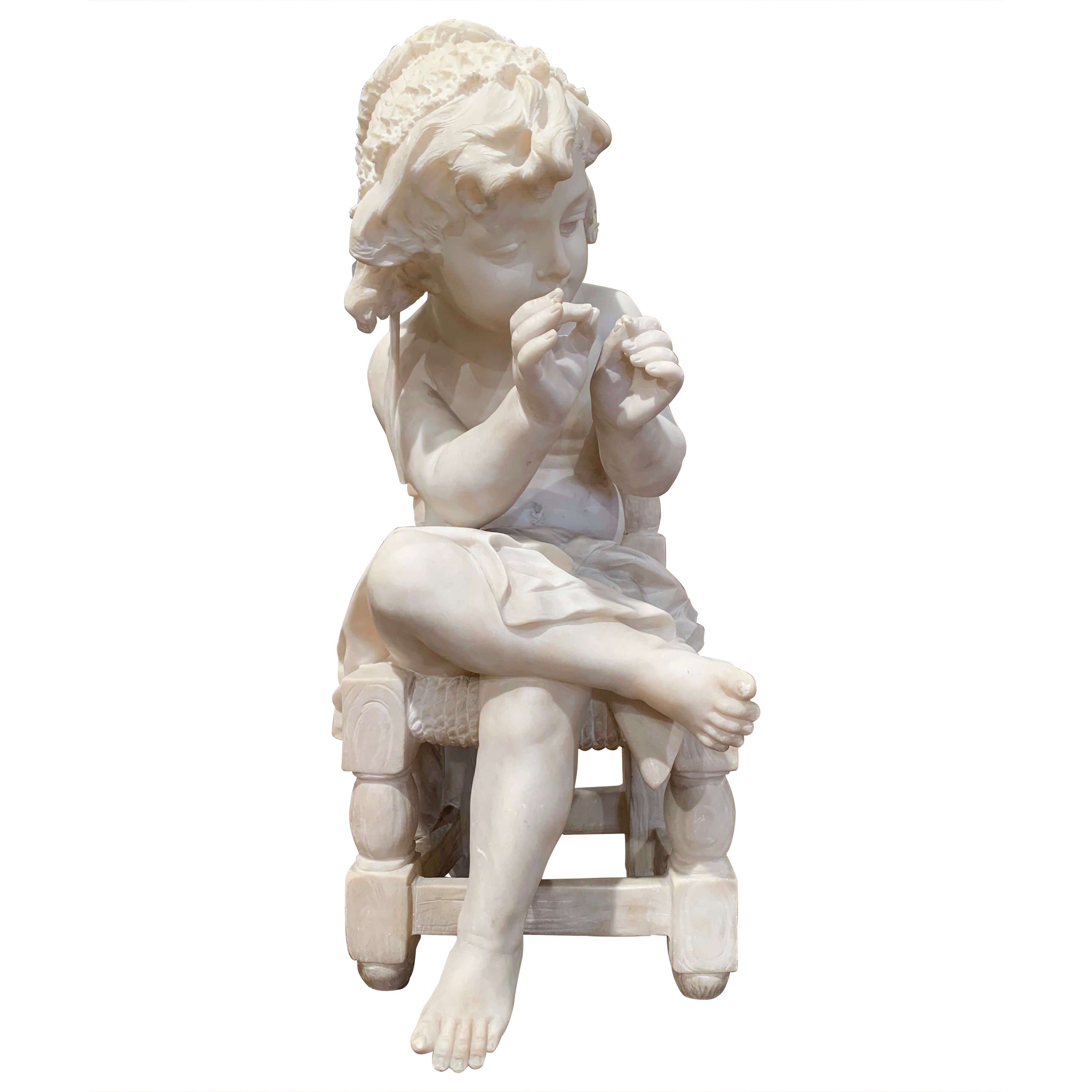 19th Century French Carved Young Girl on Chair Marble Sculpture Composition For Sale