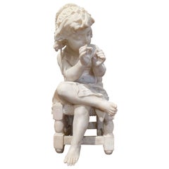 19th Century French Carved Young Girl on Chair Marble Sculpture Composition