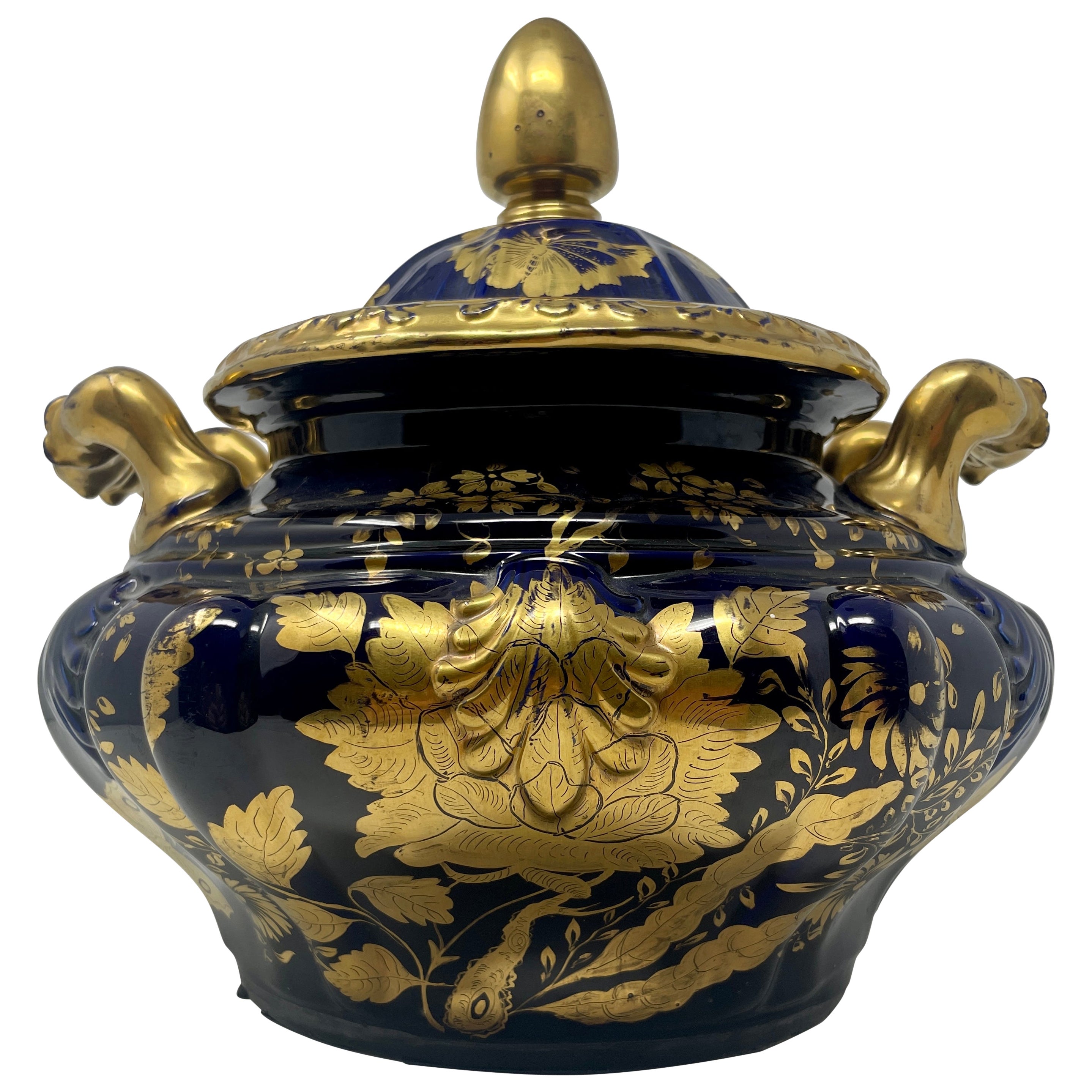 Antica zuppiera inglese in pietra ferrosa color cobalto e oro, 1840 circa