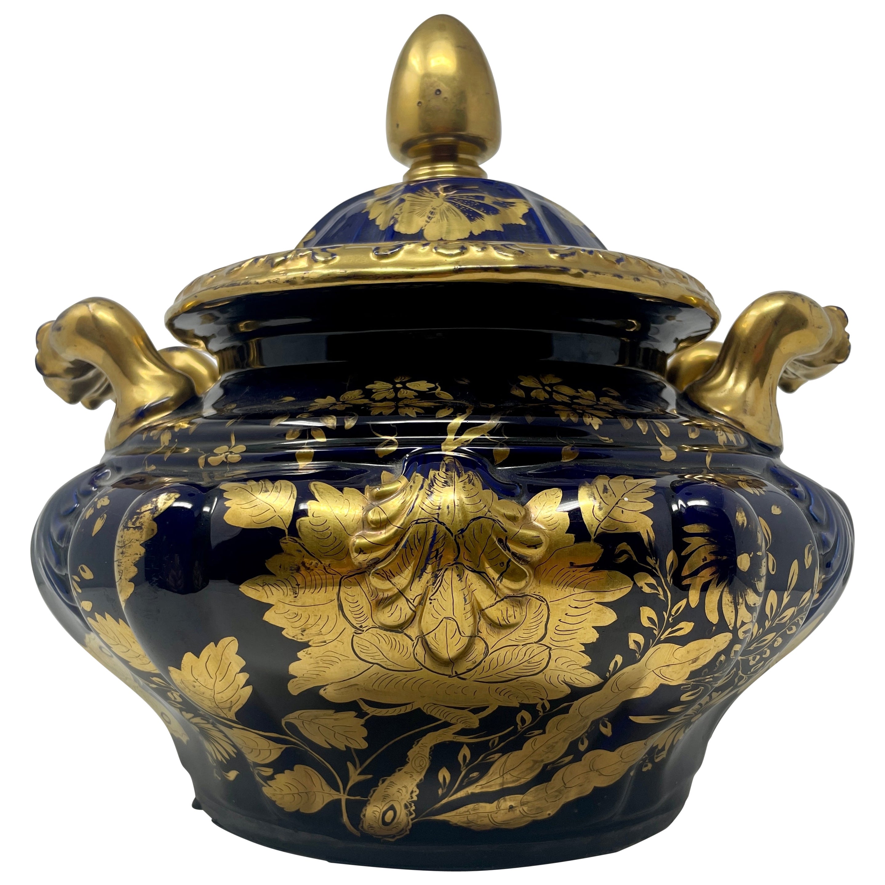 Soupière anglaise ancienne en pierre de fer cobalt et or, vers 1840