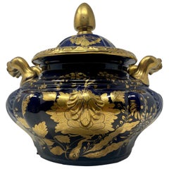 Soupière anglaise ancienne en pierre de fer cobalt et or, vers 1840