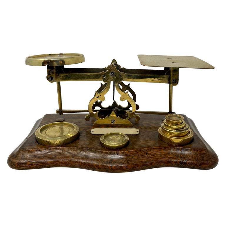 Antique English Oak and Brass Postal Scale For Sale at 1stDibs
