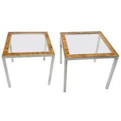 Pair of Burl Wood Chrome and Glass End or Side Tables