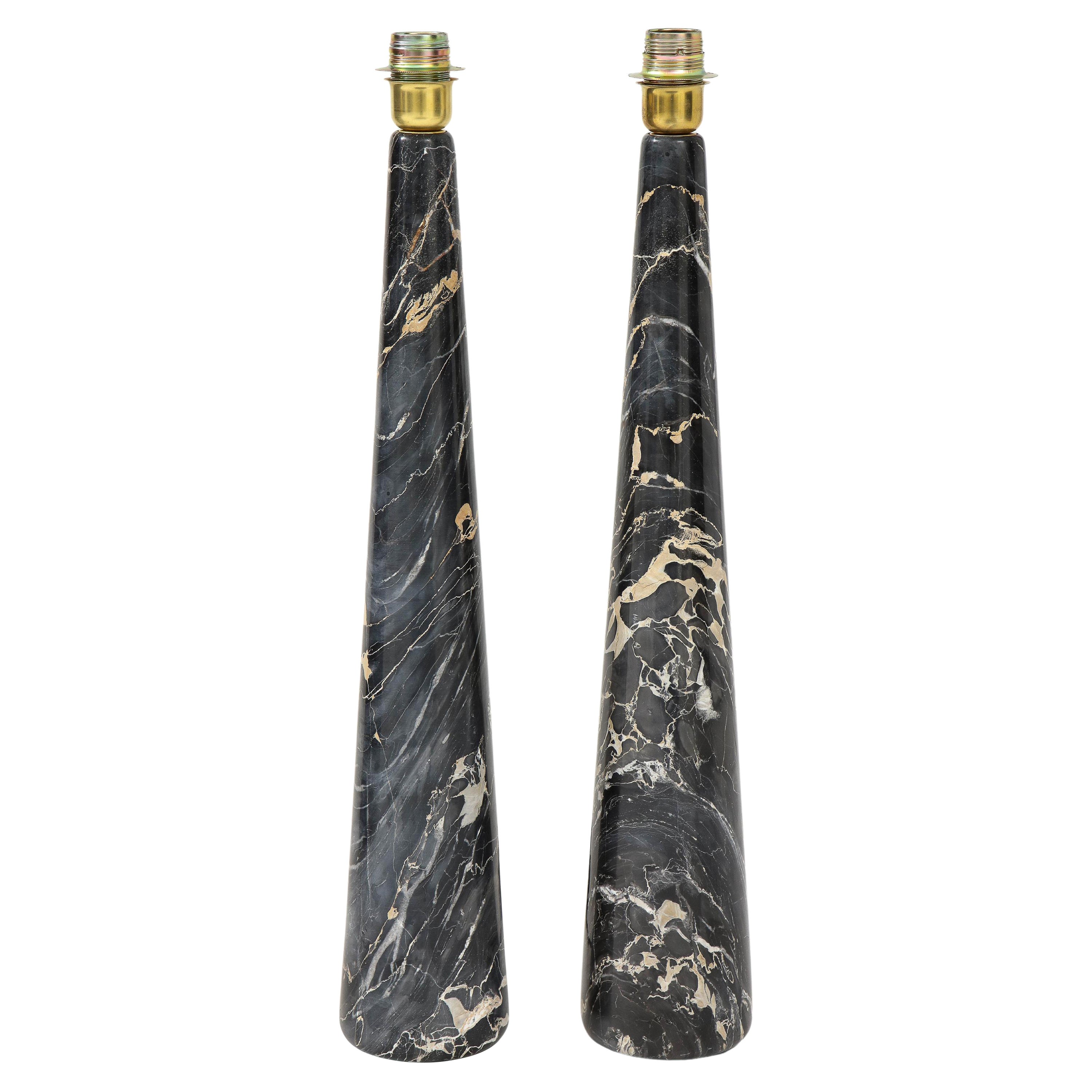 Pair of Tall Black and Light Gold "Portoro" Marble Conical Lamps, Italy, 1970