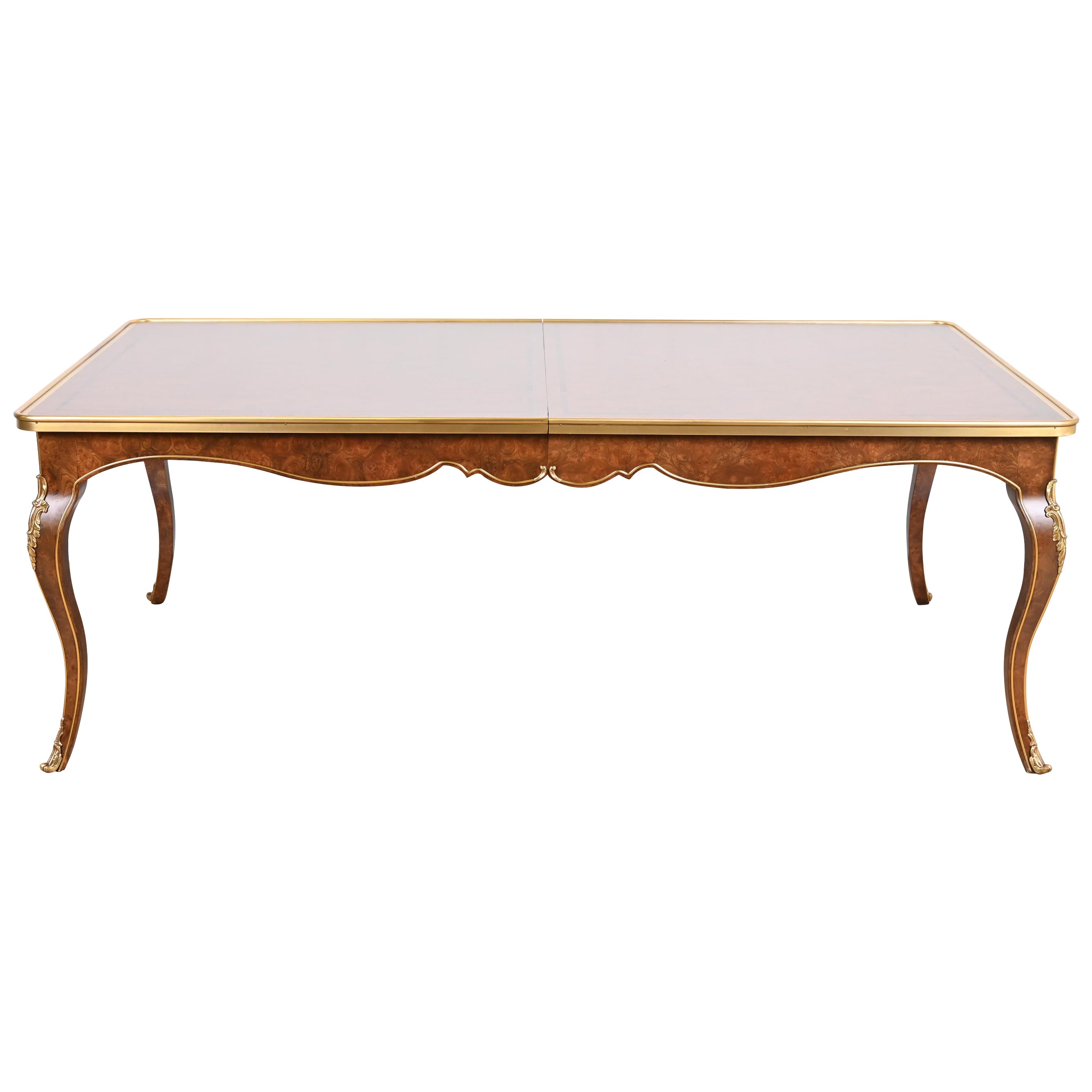 Mastercraft French Louis XV Burl Wood and Brass Extension Dining Table, 1970s