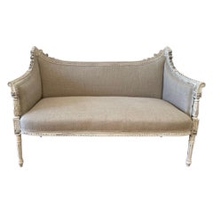 Antique Louis XVI Style Carved Settee with Roses and Linen Upholstery
