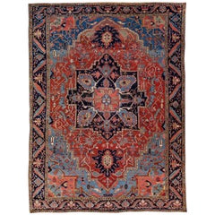 Antique Persian Heriz Handmade Red & Blue Wool Rug with Medallion Design