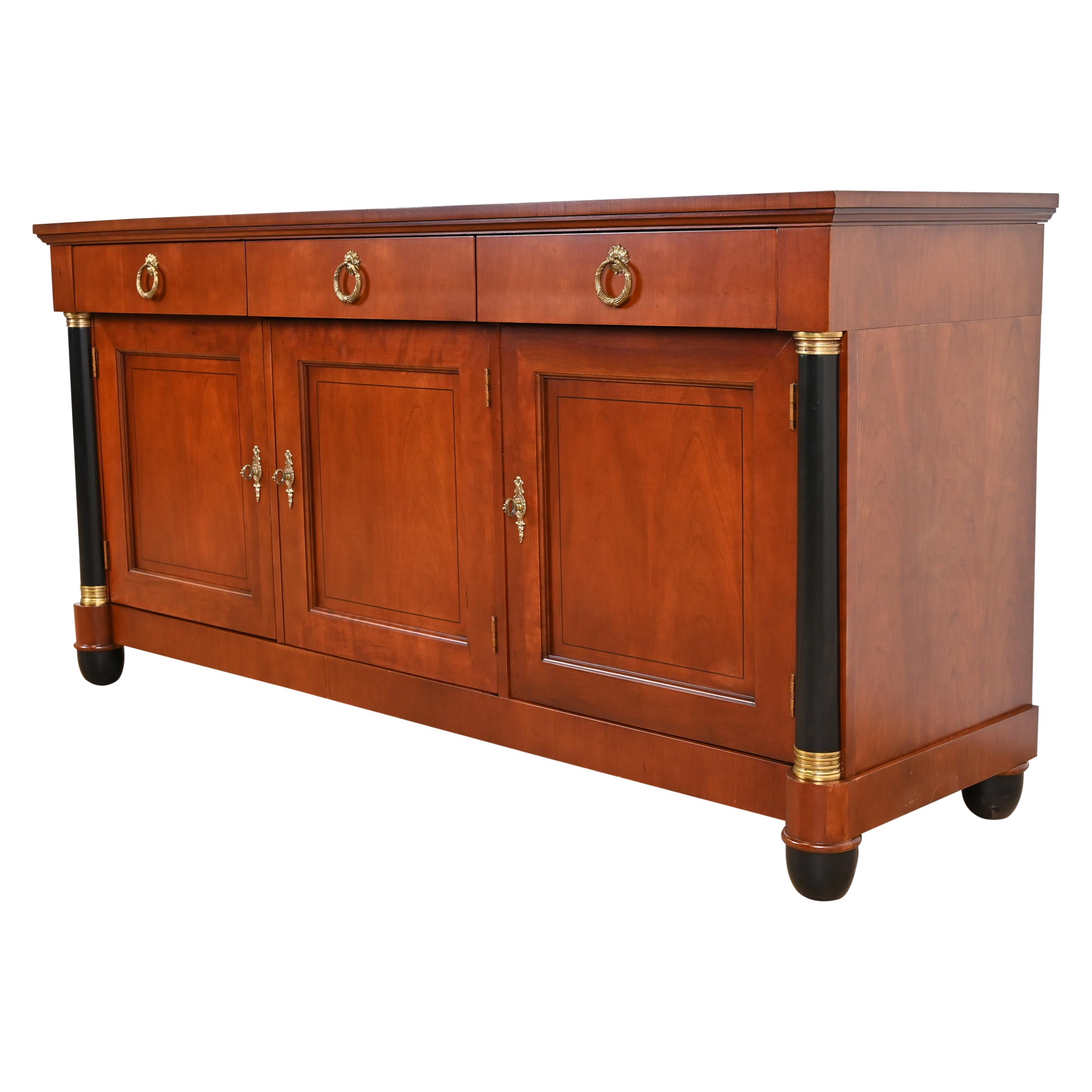 Baker Furniture Neoclassical Cherry Wood and Parcel Ebonized Sideboard Credenza For Sale