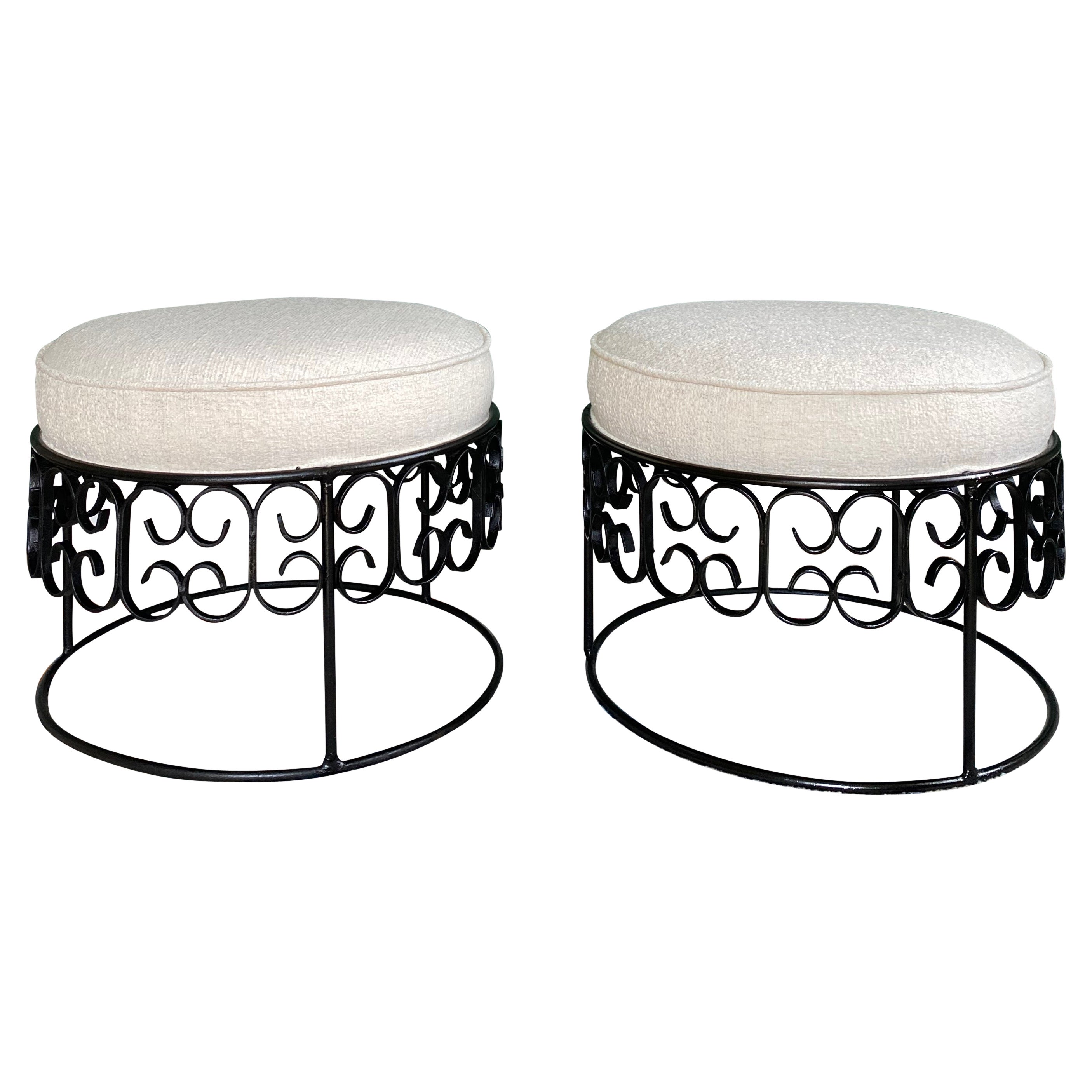 Pair of Arthur Umanoff Wrought Iron Stools, Reupholstered For Sale